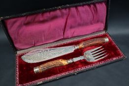 An electroplated antler handled fish servers,