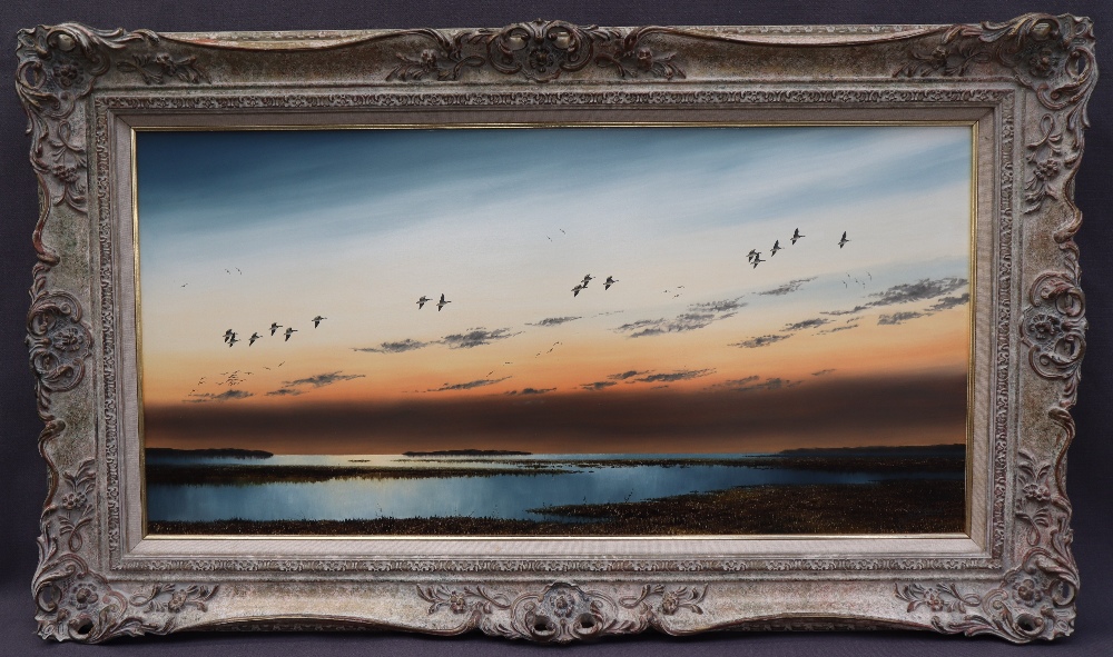 Jos Hilliard Geese in flight over a Foreshore Oil on board Signed 37 x 75cm ***Artists Resale - Image 2 of 5