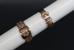 A 9ct gold buckle ring, size R together with a 9ct pierced gold buckle ring, size R,