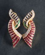 A pair of 18ct yellow gold emerald, diamond, sapphire and ruby earrings,