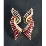 A pair of 18ct yellow gold emerald, diamond, sapphire and ruby earrings,