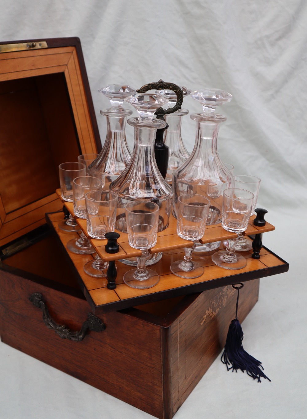 A Victorian rosewood liquer tantalus of square form, - Image 2 of 9