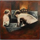 Brian Reeves Miner bathing Oil on canvas Signed Label verso 50 x 50cm ***Artists Resale Rights may