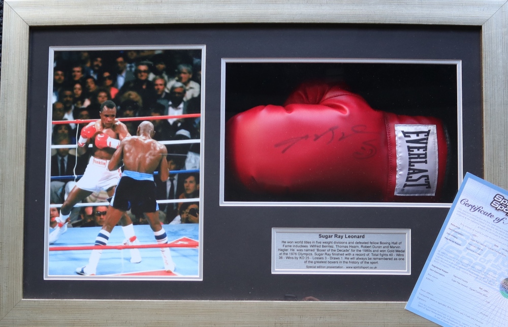 Sugar Ray Leonard a framed montage, including a signed boxing glove and an action photograph,