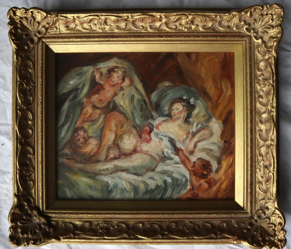 French school Reclining figure with cherubs Oil on board 24 x 28cm - Image 3 of 4