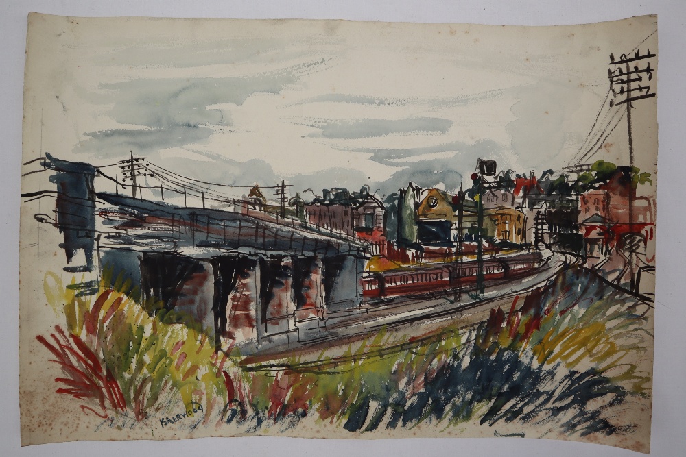 Attributed to James Lawrence Isherwood Railway Junction Mixed media 38cm x 57cm Signed