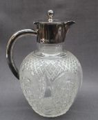 A late Victorian silver claret jug, with a hobnail cut glass body, Birmingham, 1896,