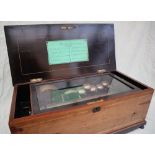 A 19th century rosewood music box with a rectangular hinged top with marquetry floral panel,