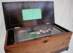 A 19th century rosewood music box with a rectangular hinged top with marquetry floral panel,