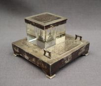 A George V silver desk standish, of square form, with an engine turned rim, Birmingham,