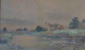 20th Century British School A manor house by the river Watercolour 28 x 46cm