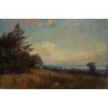 Thomas Hodgson Liddell A landscape scene with sheep in the foreground and estuary beyond Oil on