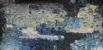 John Eynon Abstract in blues and blacks Oil on board Signed and dated '62 verso,