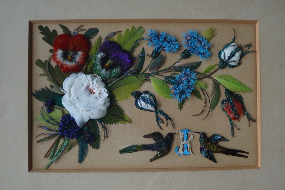 A montage of feathers, depicting flowers, leaves and birds, initialled JR, 18 x 11. - Image 3 of 4