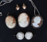 A shell cameo pendant brooch, depicting a maiden in profile in a headdress,