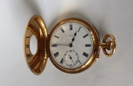 An 18ct yellow gold keyless wound half hunter pocket watch,