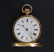 A late Victorian 18ct yellow gold open faced pocket watch with a circular enamel dial and Roman