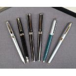 Two Sheaffer black and chrome fountain pen together with another Sheaffer fountain pen and three