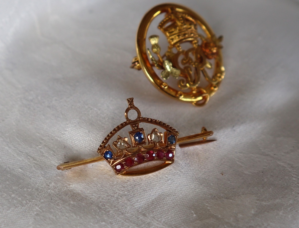 A sapphire diamond and ruby coronet bar brooch set with two rose cut diamonds, - Image 4 of 6
