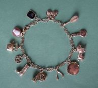 A 9ct yellow gold charm bracelet, hung with eleven charms including a lion, lute, maracas, oboe,