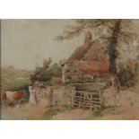 Attributed to Myles Birkett Foster A Farmstead with a cow and figure in the