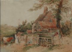 Attributed to Myles Birkett Foster A Farmstead with a cow and figure in the