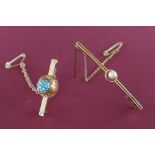 A Victorian 9ct gold turquoise set bar brooch together with a pearl set yellow metal bar brooch,