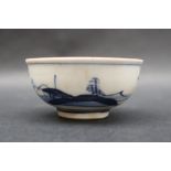 A small Japanese porcelain bowl, painted to the edge in blue with a landscape scene, 6.