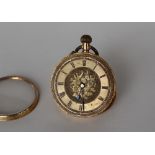 An 18ct gold keyless wound fob watch, the dial with Roman numerals,