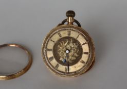 An 18ct gold keyless wound fob watch, the dial with Roman numerals,