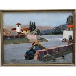 A 20th century Italian Pietra Dura plaque depicting cottages by a river,