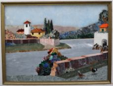 A 20th century Italian Pietra Dura plaque depicting cottages by a river,