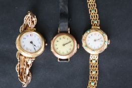 A lady's 18ct gold wristwatch with a white enamel dial and Arabic numerals,