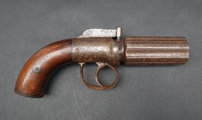 A Wallace Wigton six shot self cocking bar hammer percussion pepperbox revolver, 21cm overall,