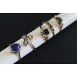 Three 9ct yellow gold dress rings set with semi precious stones together with a white metal dress