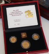 The 1993 United Kingdom gold proof sovereign three coin set, comprising a Double Sovereign,