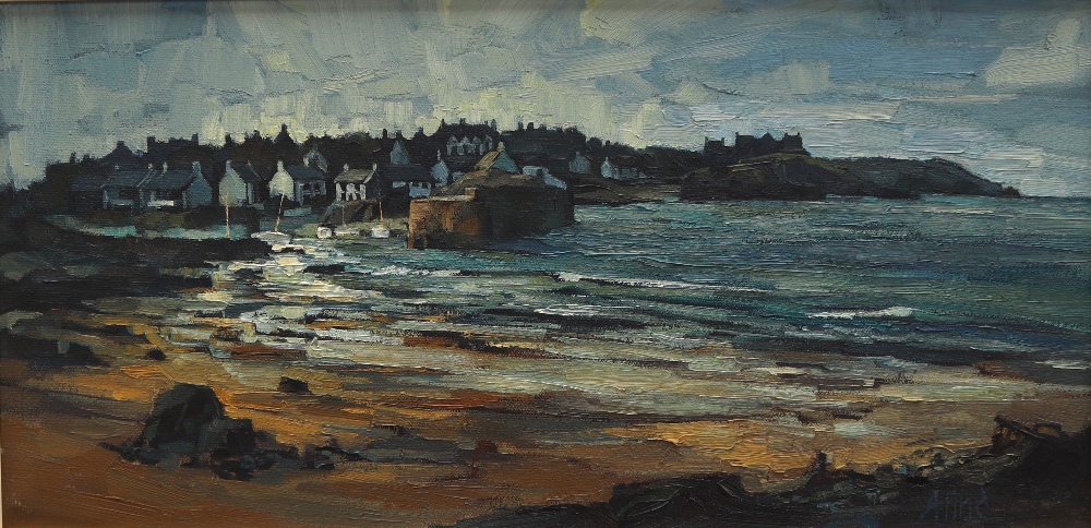 Audrey Hind Cemaes Harbour Signed and inscribed verso 28 x 59cm ***Artists resale rights may