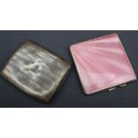 A George V silver cigarette case of square form with pink enamel sunburst, Birmingham, 1935,