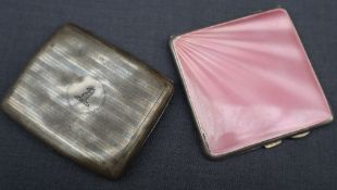 A George V silver cigarette case of square form with pink enamel sunburst, Birmingham, 1935,