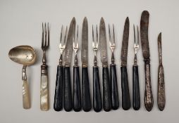 A part set of George V silver fruit knives and forks together with other flatwares etc