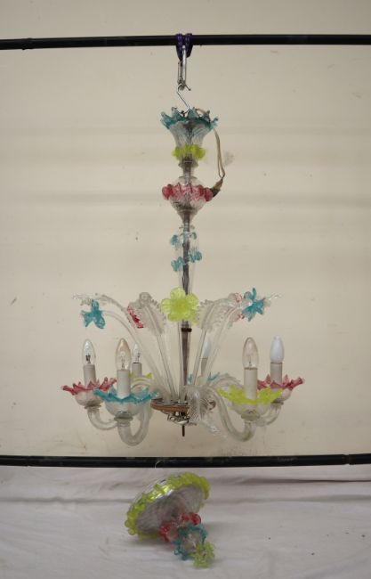 A Murano glass six branch chandelier with daffodil type flower heads and glass leaves radiating, - Image 2 of 7