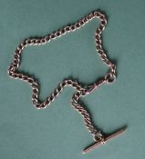 A yellow metal Albert watch chain, with oval links, T bar and lobster clasp, 37cm long,