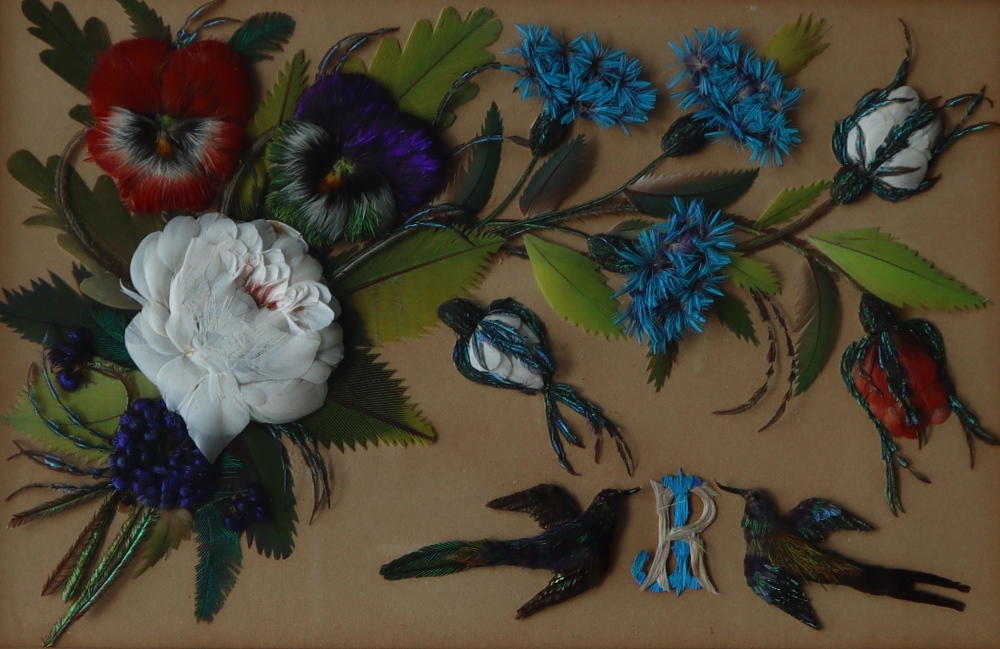 A montage of feathers, depicting flowers, leaves and birds, initialled JR, 18 x 11.