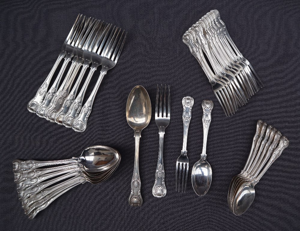 A Victorian kings pattern silver part flatware service comprising eight table spoons, - Image 3 of 7