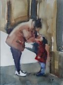 20th century British School Mother and child Watercolour Initialled D.R. 33.5 x 25.