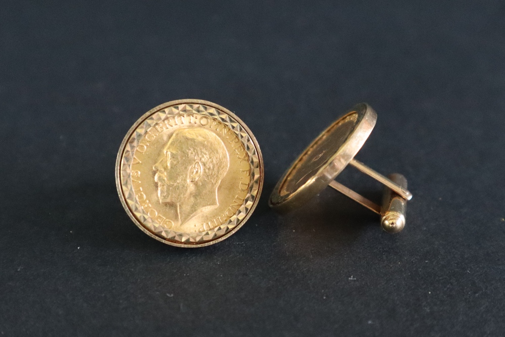 A pair of George V gold sovereigns dated 1913, mounted in 9ct gold slip mounts at cufflinks,