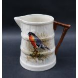 A Royal Worcester porcelain jug of tapering barrel form painted with a Bullfinch, signed A Halford,