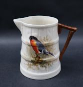 A Royal Worcester porcelain jug of tapering barrel form painted with a Bullfinch, signed A Halford,