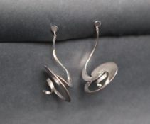 A pair of Georg Jensen silver drop earrings of spiral form, 50mm long, marked with trademark, Torun,
