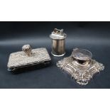 A George V silver desk inkwell, of square form with leaf cast corners, Sheffield, 1913,